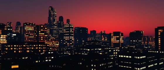 Fototapeta premium modern city at sunset, night cityscape, 3D rendering 