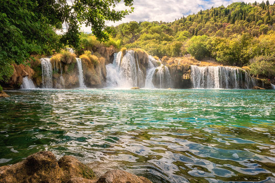 Waterfall in Krka National Park, famous Skradinski buk, one of the most beautiful waterfalls in Europe and the biggest in Croatia, amazing nature landscape