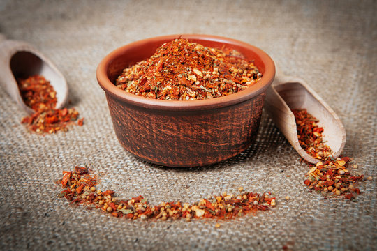 spices with basil, lemon, mustard, curry, pepper and hops-suneli for kebab