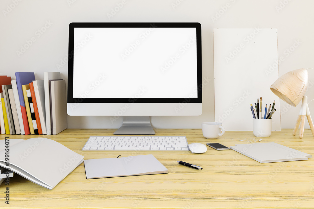 Poster blank screen computer mock up in home workpark with coffee cup and book in home work. , 3d render
