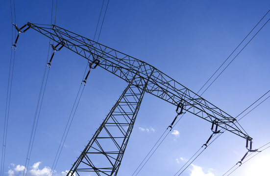 Power Lines: Low-angle shot of the pylon of a 220 KV high-voltage power line