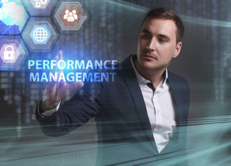 Business, Technology, Internet and network concept. Young businessman working on a virtual screen of the future and sees the inscription: Performance management