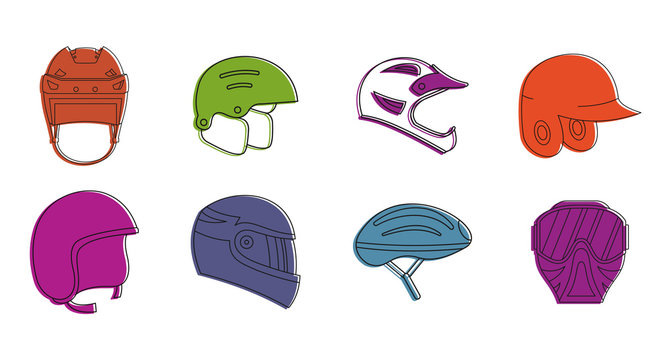 Sport helmet icon set, color outline style