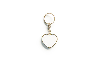 Blank gold white key chain heart shape mock up top view, 3d rendering. Clear golden love keychain design mockup isolated. Empty friends keyring souvenir holder template. Steel gift trinket label