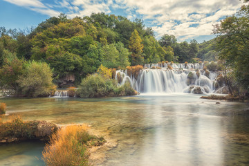 Obraz premium Waterfall in Krka National Park, famous Skradinski buk, one of the most beautiful waterfalls in Europe and the biggest in Croatia, amazing nature landscape
