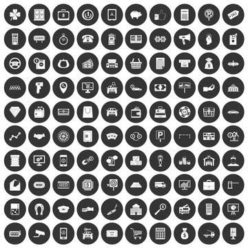 100 coin icons set black circle