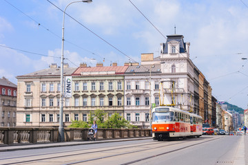 Obraz premium PRAGUE, CZECH REPUBLIC - MAY 2017: a classic old tram in the picturesque part of Prague.