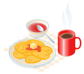 Flat isometric illustration of plate with pancakes, jam and cup of coffee. The dish with fried cakes, a mug of hot coffee, sweet syrup. Morning eating, food, breakfast, cooking, cafe, vector concept.