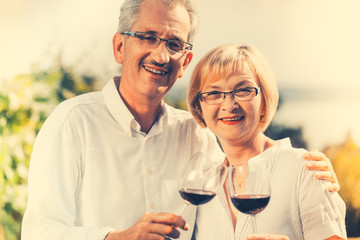 Senior couple, man and woman, enjoying red wine outdoors, woman and man clinking glasses