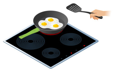 Flat isometric illustration of kitchen electric stove with frying pan. The fried scrambled eggs in the cooking pan and a hand with kitchen slotted spatula. Cookware, cooking, food vector concept.