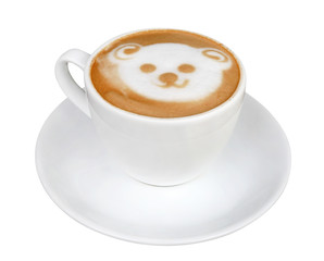 Hot coffee cappuccino latte art bear shape foam isolated on white background, clipping path included