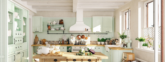 retro kitchen in a cottage with sleeping cat. 3D RENDERING