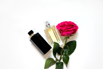 cosmetics with perfume, phone on a white background with copy space