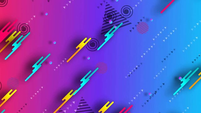 Bright modern abstract Memphis style retro background with multicolored simple geometric shapes on neon background. Seamless loop