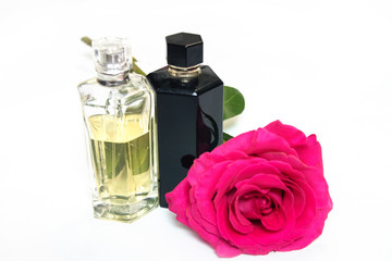 Obraz na płótnie Canvas cosmetics with perfume, phone on a white background with copy space