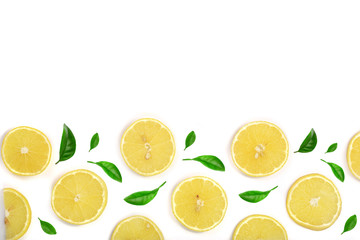 Fototapeta na wymiar Slices lemon decorated with green leaves isolated on white background with copy space for your text. Flat lay, top view