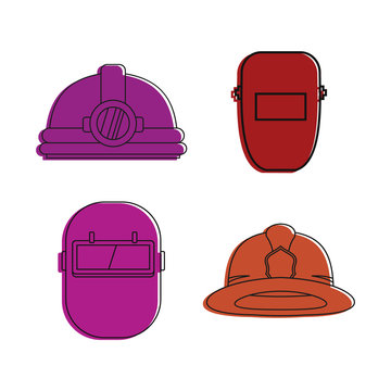 Protect helmet icon set, color outline style