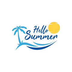 summer holiday logo template, sticker, banner, stamp, label. Beach, palm tree and sunset vector illustration