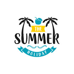 summer holiday logo template, sticker, banner, stamp, label. Beach, palm tree and sunset vector illustration