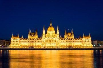 Famous Budapest parliament at the river Danube during blue hour from the front