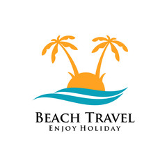 Summer beach logo template. Beach, sun, and palm tree vector