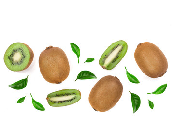 Kiwi fruit with slices isolated on white background with copy space for your text. Top view. Flat lay pattern