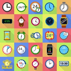 Time and clock icons set, flat style