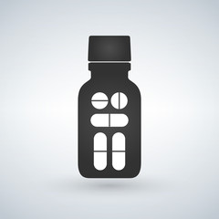 Pill bottle icon. Modern pill bottle for pills or capsules. Flat style vector illustration isolated on light background.