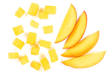 cube and slices of Mango fruit isolated on white background close-up. Top view. Flat lay