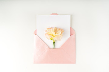 Minimal composition with a pink envelope, white blank card and eustoma flower on a white...
