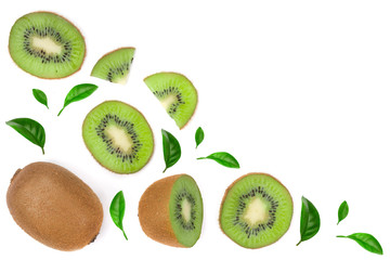 Kiwi fruit with slices isolated on white background with copy space for your text. Top view. Flat lay pattern