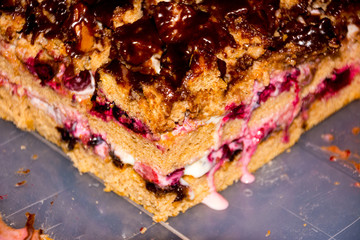 Homemade blackcurrant pie, crisp and juicy with chocolate. "Curly cake".