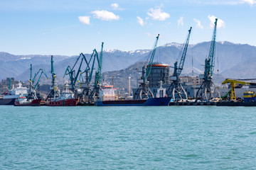 Fototapeta premium BATUMI, GEORGIA - MARCH 17, 2018: Black Sea coast near the city port 