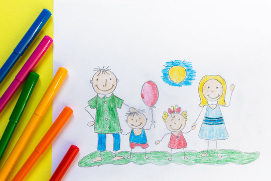 Childrendrawing pencil happy family mom, dad, son, daughter sunny day on the lawn and paint accessories, brush, felters gouache, watercolor on a yellow  background flat  lay top view from above