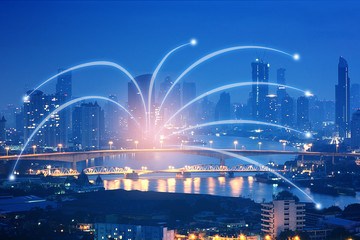 double exposure of network and city  and network connection concept.Internet data connection.