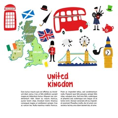Naklejka premium vector flat London, United kingdom, great britain symbols poster template. British flag, royal guardian phone booth, double decker bus, Big Ban Tower of London, gentleman hat, umbrella, smoking pipe