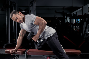 Fototapeta na wymiar Muscular builder man training his body with dumbbell in Modern fitness center