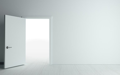 3D illustration. Open the door to a bright room. Interior. Empty room