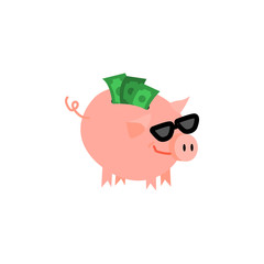 Fototapeta premium Cartoon piggy bank in sunglasses icon. Cheerful pig money box full of savings with happy facial expression. Business finance, banking rich and weath concept. Vector isolated background illustration