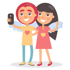 Boy Girl Couple Wings on Back Making Selfie Photo