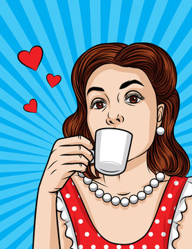 Vector retro  illustration of pop art comic style of a pretty woman in red dress drinks a coffee. 
