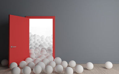 3D illustration. Conceptual interior balls and red doors. Surprise. Abstraction. A room in a dream. Psychological experiment