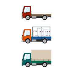 Set of Small Cargo Trucks Isolated, Red Mini Lorry without Load, Car with Windows, Green Closed Truck, Transport and Logistics, Delivery Services, Vector Illustration