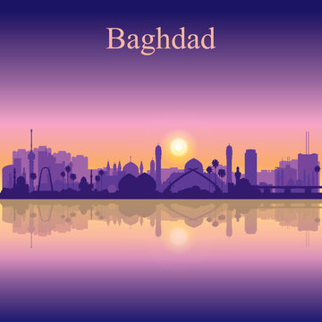 Baghdad city silhouette on sunset background
