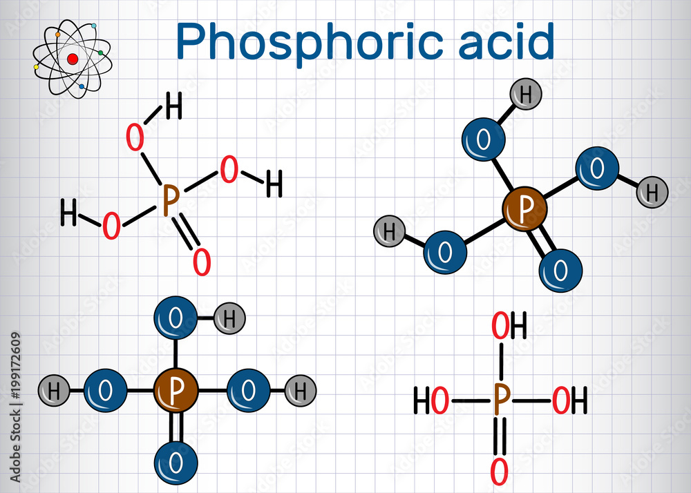 Sticker Phosphoric acid (orthophosphoric acid, H2PO4) is a mineral and weak acid molecule. Structural chemical formula and molecule model