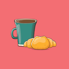 coffee and croissant isolated on pink background. vector coffee cup with cake cartoon style. Good morning illustration