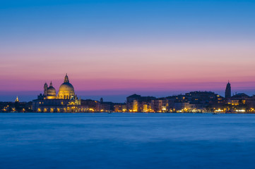 Venice at twilight. Blue hour on the San Marco basin. Italian landscape. Venice postcard.