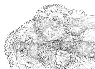 Gearbox sketch. 3d illustration