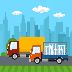 Road Transport and Logistics, Small Covered Truck and Cargo Van with Windows Drive on the Road on the Background of the City, Transport Services, Vector Illustration