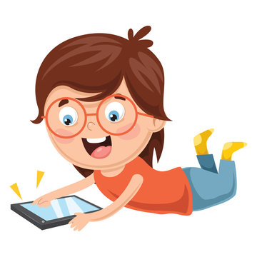 Vector Illustration Of Kid Using Mobile Device